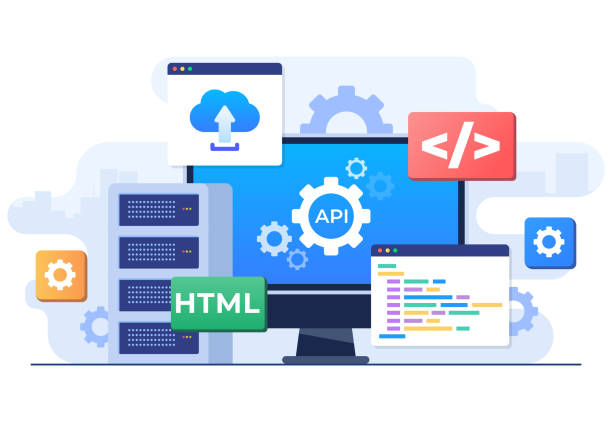 application programming interface concept, api provides the interface for communication between applications, software development tool, internet and networking, simplifying application integration - 系統(tǒng)軟件 幅插畫檔、美工圖案、卡通及圖標(biāo)